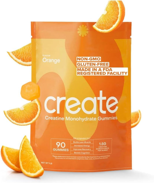 Create Creatine Monohydrate Gummies for Men & Women, Boost Focus, Strength, and Endurance, Anti-Melting Formula, Vegan, Gluten-Free, Non-GMO, 1.5g of Creatine per Gummy (Orange, 90 ct)