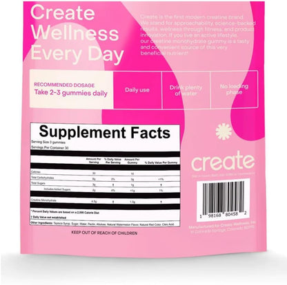 Create Creatine Monohydrate Gummies for Men & Women - Boost Focus, Strength, and Endurance, Anti-Melting Formula, Vegan, Gluten-Free, Non-GMO, 1.5 Gram Creatine per Gummy (Watermelon, 90 ct)