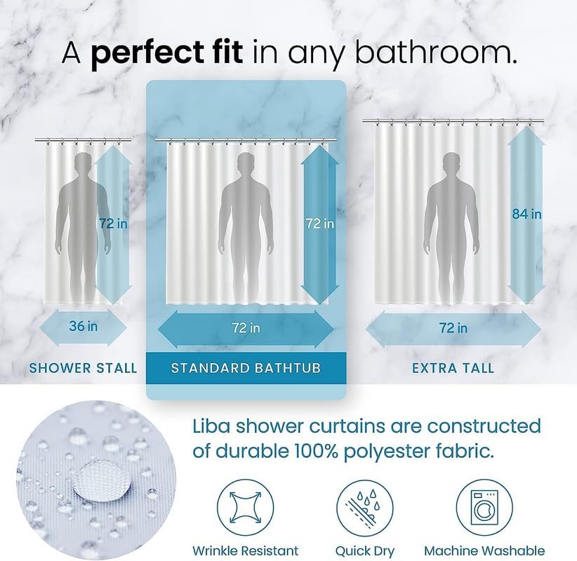 LiBa Fabric Shower Curtain, White Shower Curtain, Heavy Duty, Hotel Style, Water Repellent, Soft Cloth Shower Curtain, 72 x 72 Inches(White)