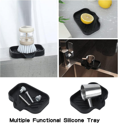 Silicone Bathroom Soap Dishes with Drain Spout-Bathroom and Kitchen Sink Organizer,Sponge Holder,Dish Soap Tray,Perfect for Dispenser,Scrubber,Bottle,Cup on Sink or Counter-Black 4.9"×3.2"