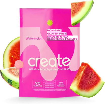 Create Creatine Monohydrate Gummies for Men & Women - Boost Focus, Strength, and Endurance, Anti-Melting Formula, Vegan, Gluten-Free, Non-GMO, 1.5 Gram Creatine per Gummy (Watermelon, 90 ct)