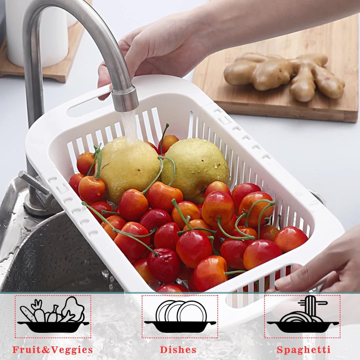 Extendable Over the Sink Colander Fruits and Vegetables Drain Basket Adjustable Strainer Sink Washing Basket for Kitchen (Grey)