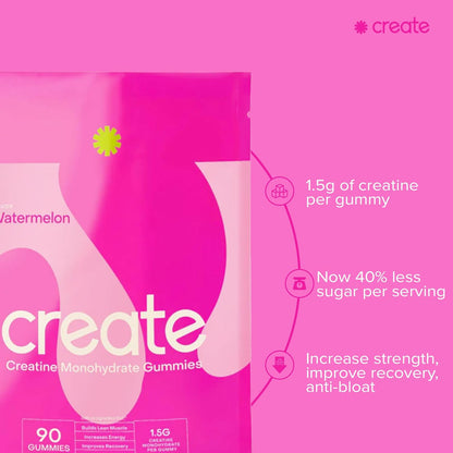 Create Creatine Monohydrate Gummies for Men & Women - Boost Focus, Strength, and Endurance, Anti-Melting Formula, Vegan, Gluten-Free, Non-GMO, 1.5 Gram Creatine per Gummy (Watermelon, 90 ct)