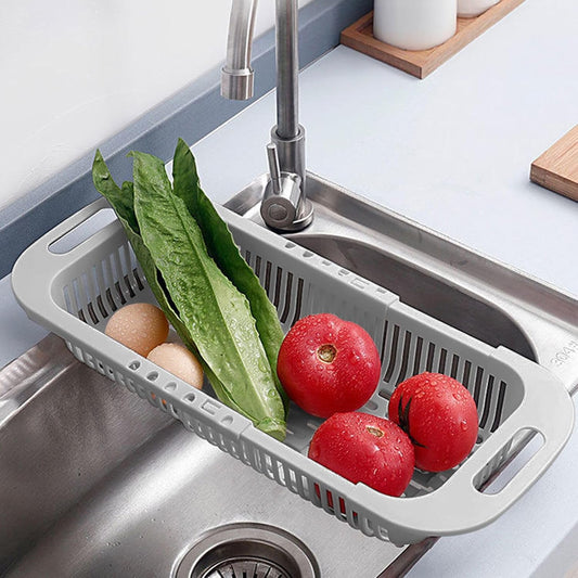 Extendable Over the Sink Colander Fruits and Vegetables Drain Basket Adjustable Strainer Sink Washing Basket for Kitchen (Grey)