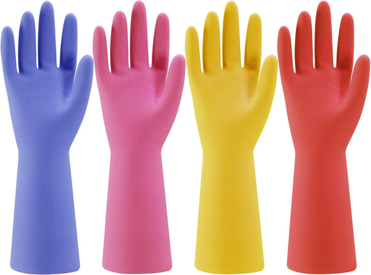 Rubber Kitchen Dishwashing Gloves - 4 Pairs Colorful Reusable Household Cleaning Gloves for Washing Dishes and Cleaning Tasks, Flexible Long-lasting and Non-Slip (Large, Blue+Pink+Yellow+Orange)