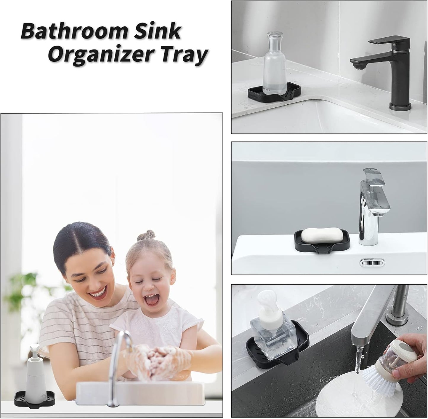 Silicone Bathroom Soap Dishes with Drain Spout-Bathroom and Kitchen Sink Organizer,Sponge Holder,Dish Soap Tray,Perfect for Dispenser,Scrubber,Bottle,Cup on Sink or Counter-Black 4.9"×3.2"