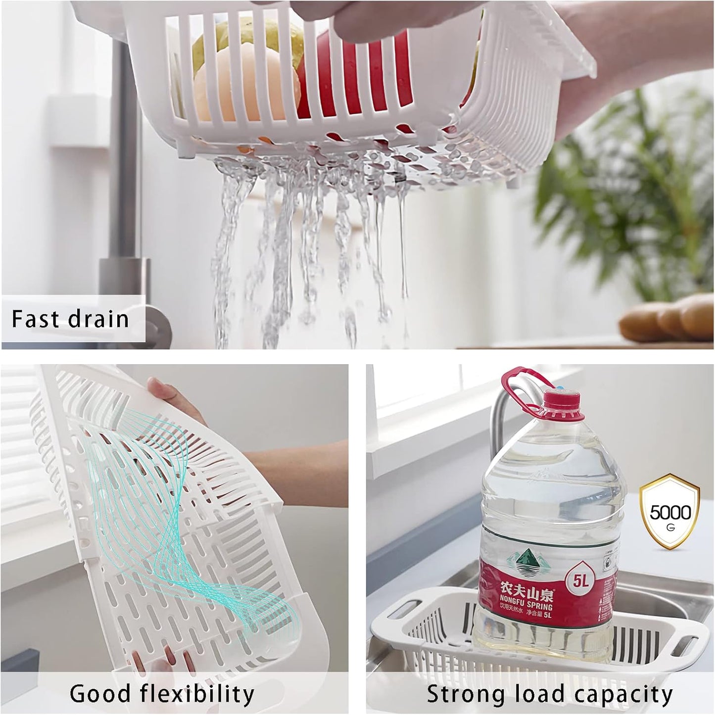 Extendable Over the Sink Colander Fruits and Vegetables Drain Basket Adjustable Strainer Sink Washing Basket for Kitchen (Grey)