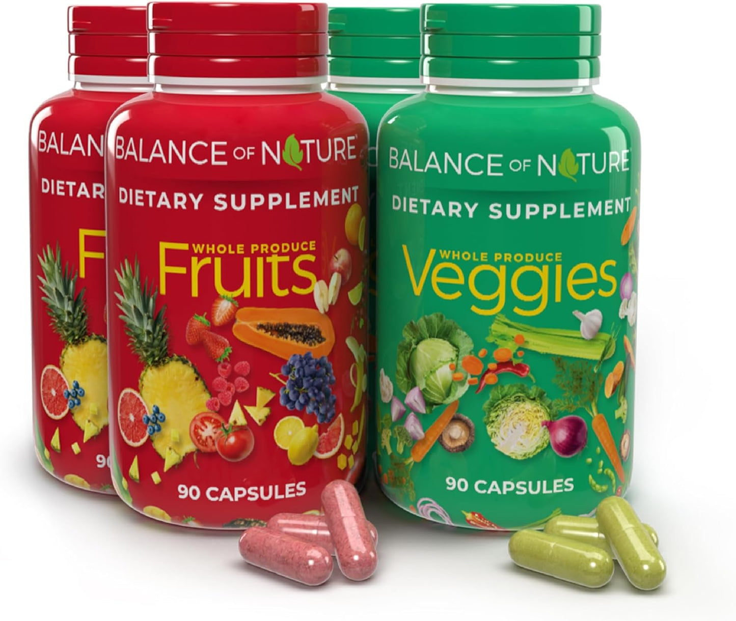 Balance of Nature Fruits & Veggies Supplements - Whole Fruit and Vegetable Ingredients for Women, Men, and Kids - 90 Fruit Capsules, 90 Veggie Capsules - 2 Sets