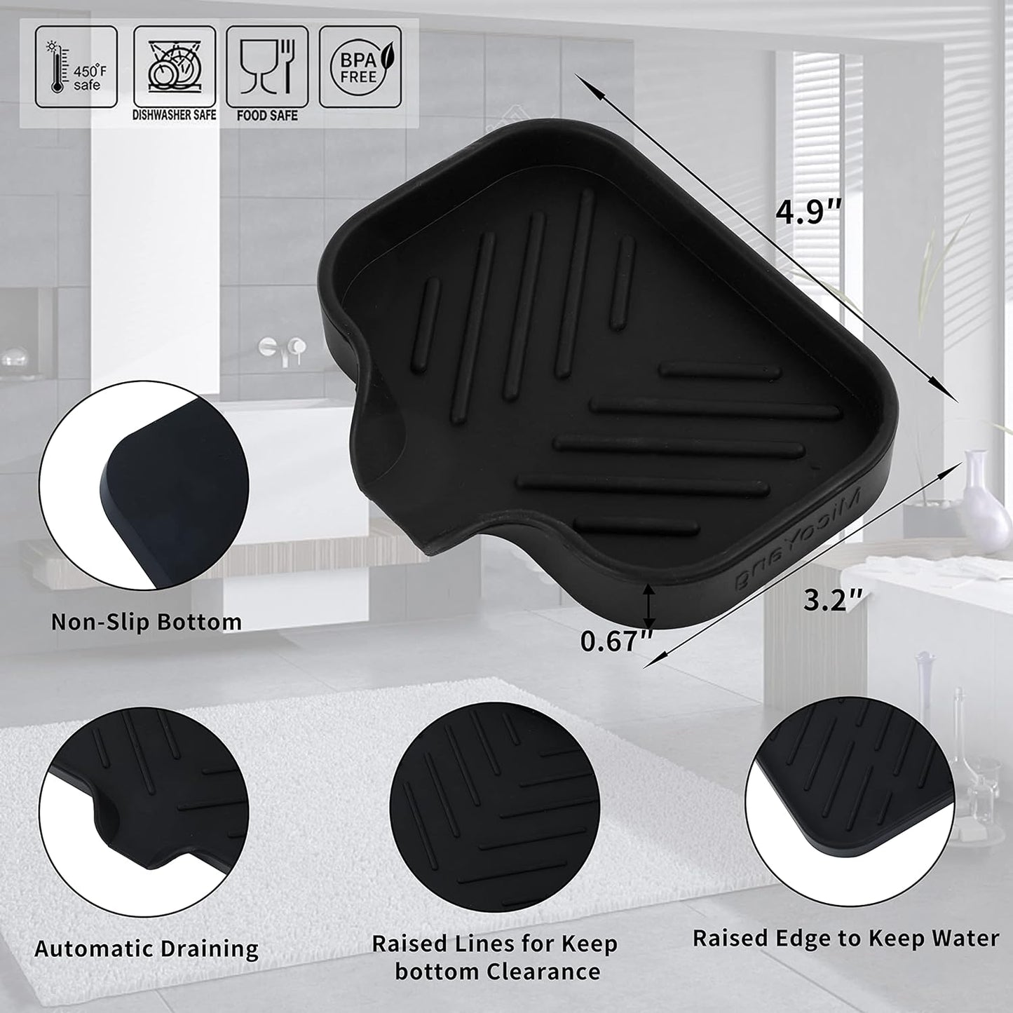 Silicone Bathroom Soap Dishes with Drain Spout-Bathroom and Kitchen Sink Organizer,Sponge Holder,Dish Soap Tray,Perfect for Dispenser,Scrubber,Bottle,Cup on Sink or Counter-Black 4.9"×3.2"